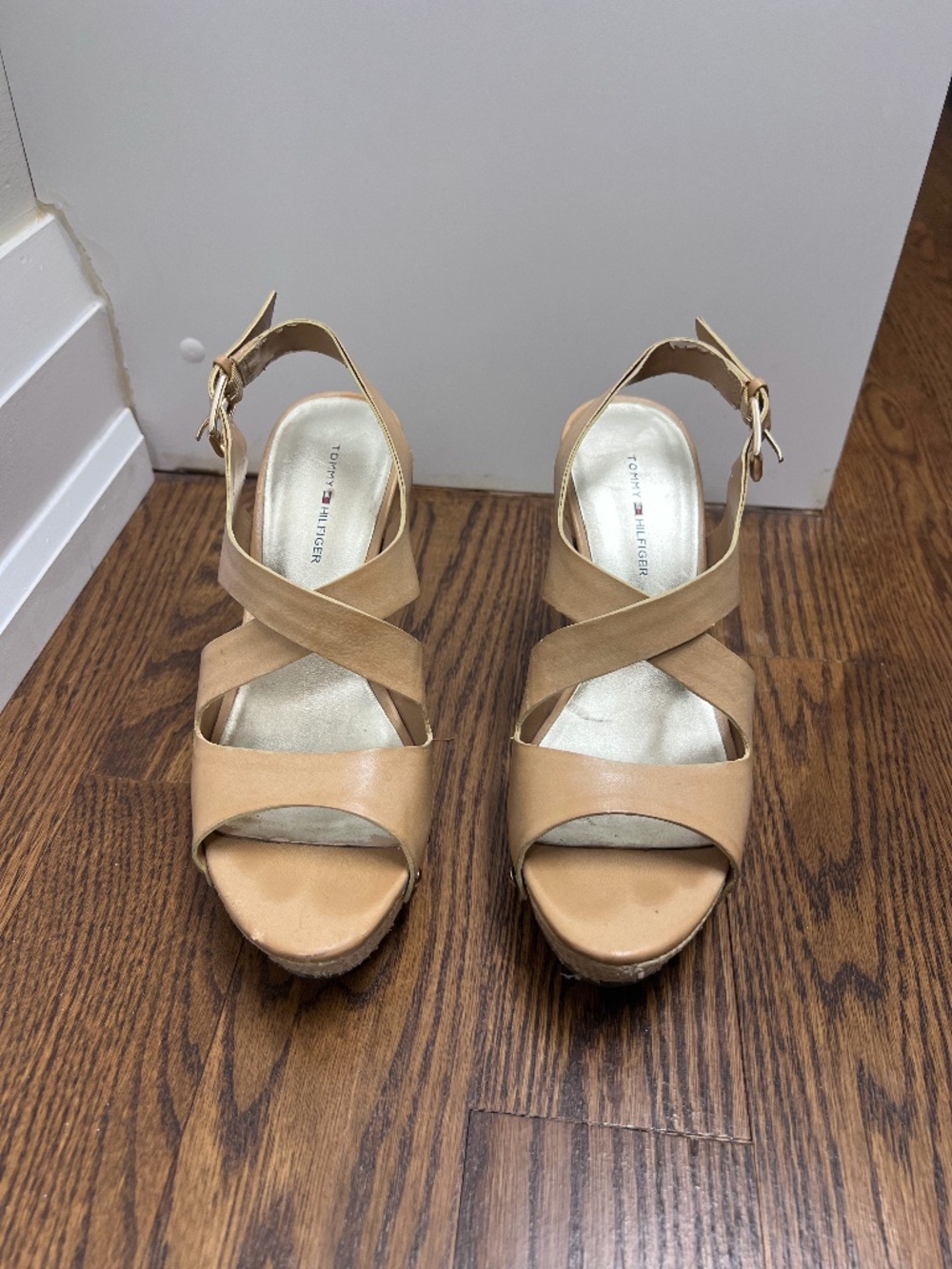 Tommy Hilfiger Tan Cross Strap Wedge Sandals
